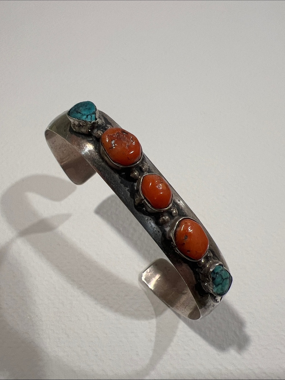 Native American Sterling Silver Orange Coral and Turquoise Cuff Bracelet